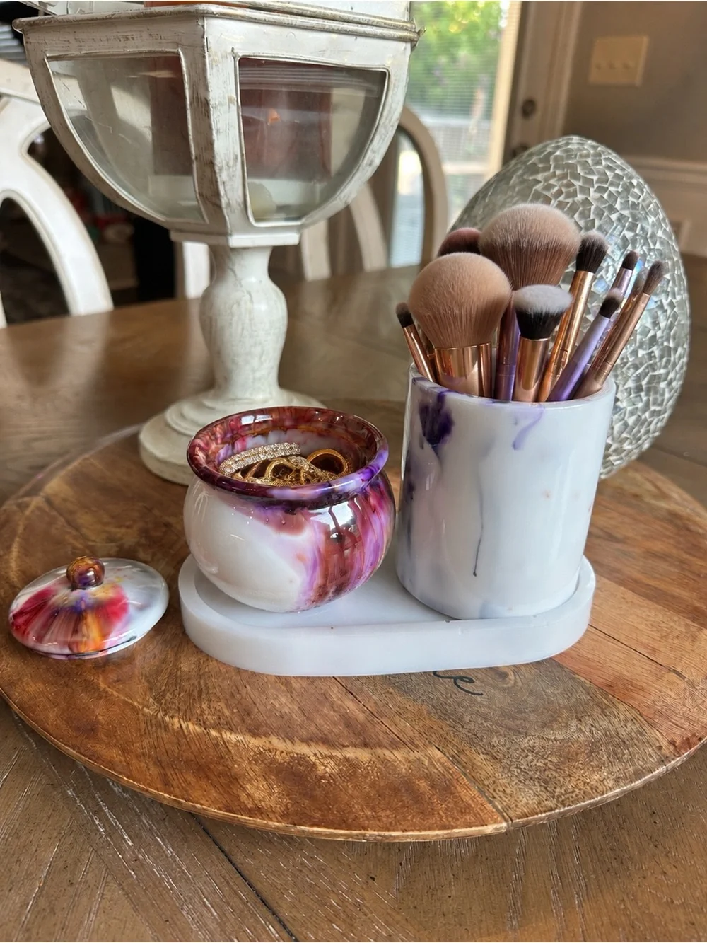 Handcrafted Purple Marble Vanity Tray Set with Jar and Cup